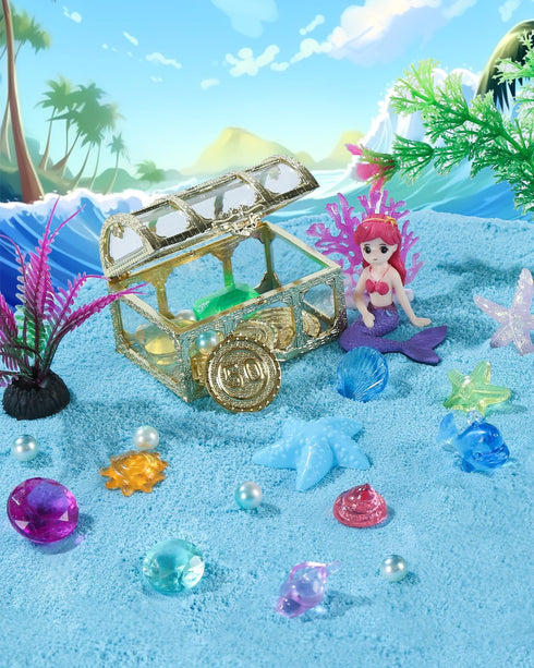 sikmcle Ocean Sensory Bin Blue Moldable Sensory Sand Kit Sandbox with Lid Colorful Plastic Sea Shell Conch Starfish
