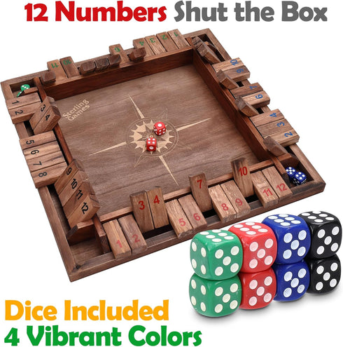12 Inches 4 12 Sterling Games Shut The Box Game for Players, Family Dice Game with Numbers Box, Nautical Themed Large