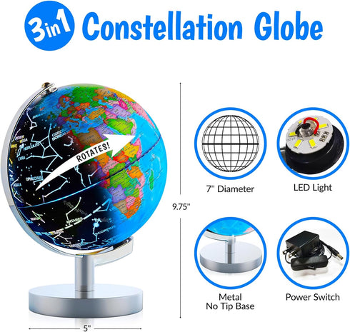 USA Toyz Illuminated Globe for Kids Learning, 3-in-1 STEM Kids Globe with Stand, LED Light, 9.75” Tall