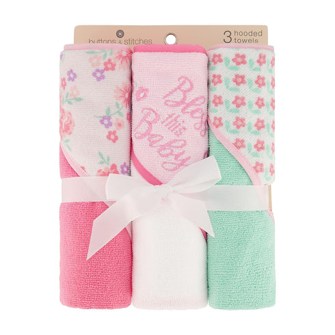 3 Pack GS71730 Cudlie Buttons & Stitches Baby Girl Rolled/Carded Hooded Towels in Bless This Baby Print