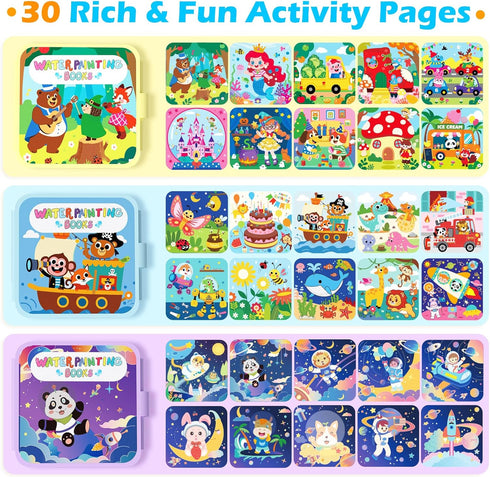 BATHKITS 3 Pack 30 3+ Reusable Water Painting Book for Kids - Magic Water Coloring Books with Water Pens, Fairy Tale