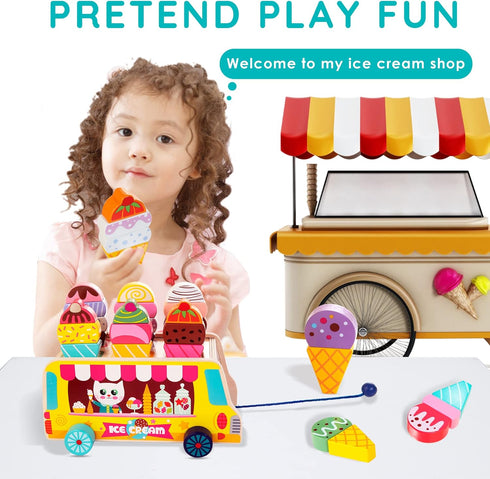 28 2-5 HELLOWOOD Wooden Ice Cream Truck, pcs Magnetic Ice Cream Sweet Treats Pretend Play Food & Accessories