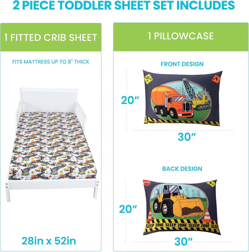 Set 2-Piece 28x52 20x30 Todays Kids Under Construction Blue Toddler Bedding - Baby Crib Sheets Boy Crib Size, Fitted