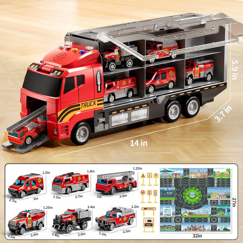 NIPLOOOW 3-5 Set 3-5, 3-8+ Toddler Boys Toys for Years Old, Fire Truck Vehicle with Play Mat and Die-Cast Toy Car