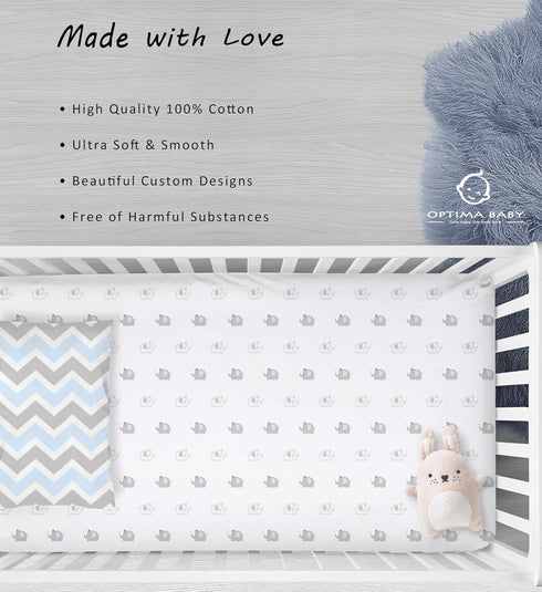 OptimaBaby 2 Count Elephant Chevron Fitted Crib Sheets, Blue
