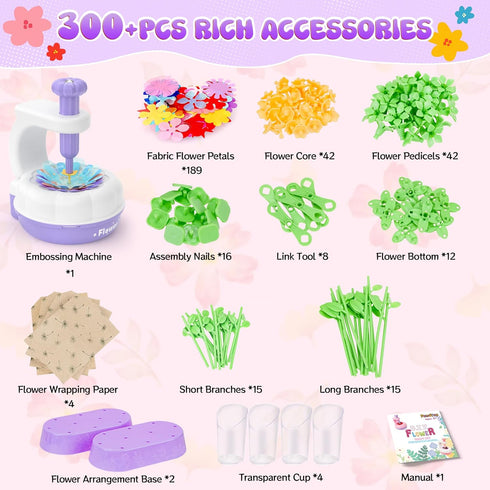 300+PCS 2 3 4 5 6 7 8+ GirlsHome Fabric Flower Bouquets Toys, DIY Flower Making Kit for Kids, Reusable Arts and Crafts
