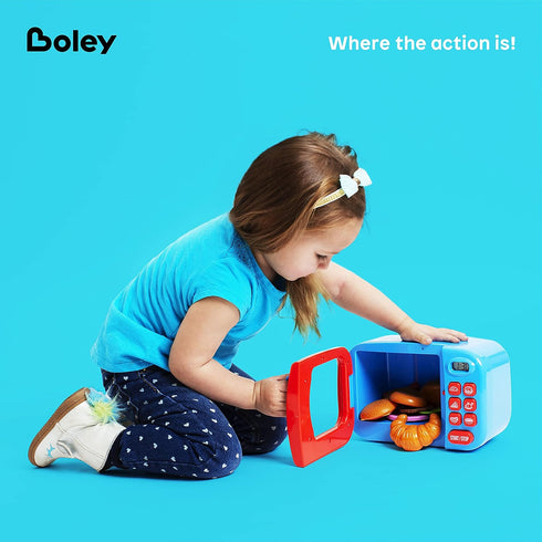 Boley Pink Microwave Playset - 11 Pc Light & Sound Pretend Play Kitchen Toys Set for Kids Ages 3+