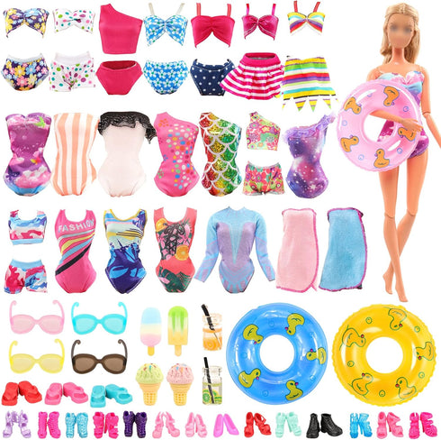 Lot 26 Pack Doll Clothes and Accessories Beach Bathing Set Including 5 Swimsuits, 1 Bathrobe, and More