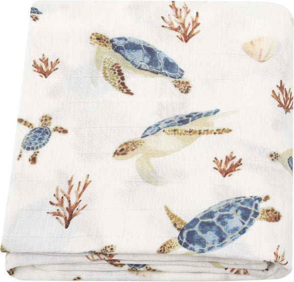 LifeTree Baby Swaddle Blanket, 70% Viscose from Bamboo and 30% Cotton Muslin, Boys Girls, Large 47" x 47" Sea Turtle