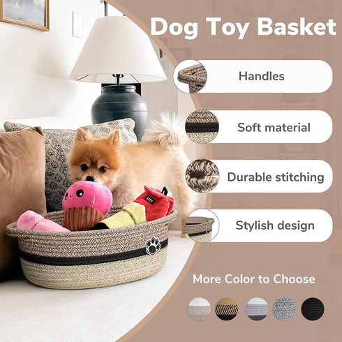 Dog Toy Basket Small Baskets for Gifts, Woven Storage Basket for Towels, Baby Basket for Nursery, Dog Toy Bin for Living Room, Toy Storage Organizer Bins, 12 x 8 x 5 inches