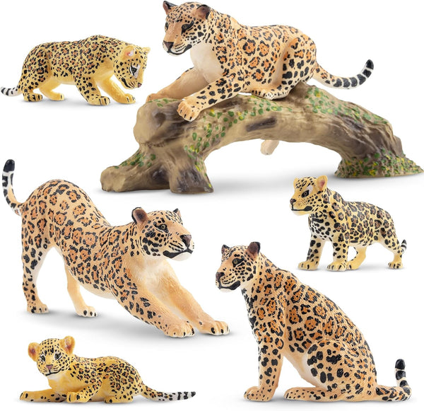 Toymany 7PCS Jaguars Figurines with Jaguars Cub and Tree Trunk, Realistic Jungle Animals Family Playset