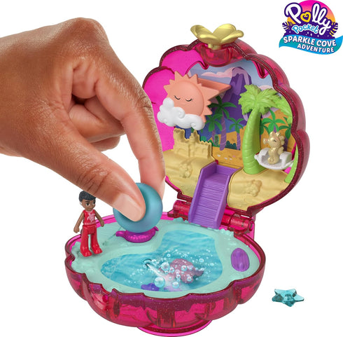 Polly Pocket Dolls & Accessories, Travel Toy with Water Play, Sparkle Beach Shell Compact with Micro Doll and Ocean Pet