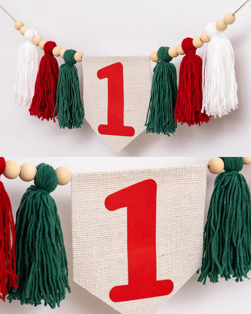 1st Christmas First Birthday High Chair Banner - Oh What Fun it is to be One Highchair Banner, Red and Green Birthday
