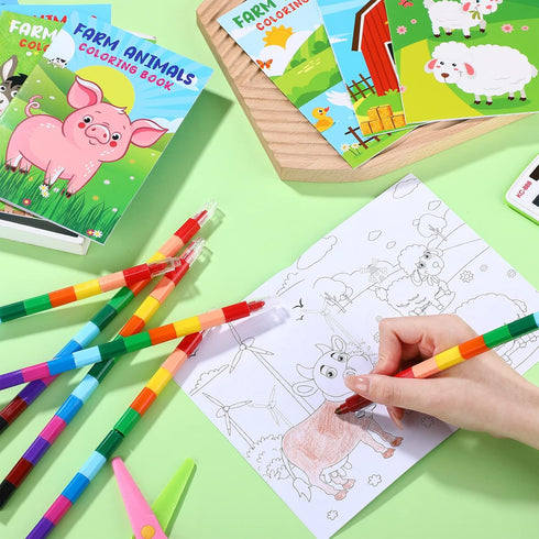 24 24 Funrous Pcs Farm Animal Coloring Books with Stacking Crayons Party Favors Holiday Activity Coloring Books Rainbow