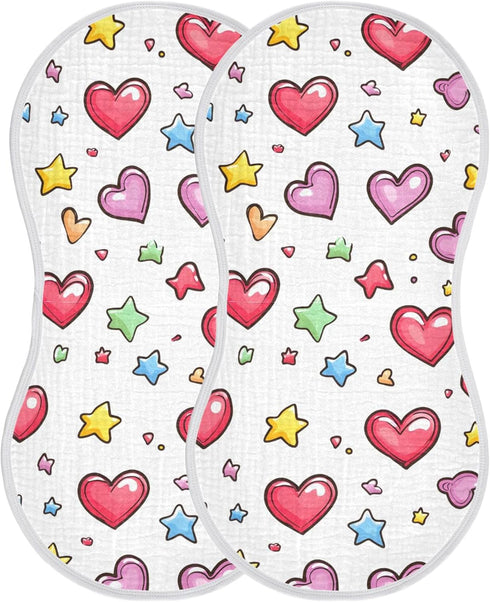 Set 1, Hearts and Stars Muslin Baby Burp Cloths of Super Soft & Absorbent Burping Rags, Cotton Burp Clothes Shower Gift