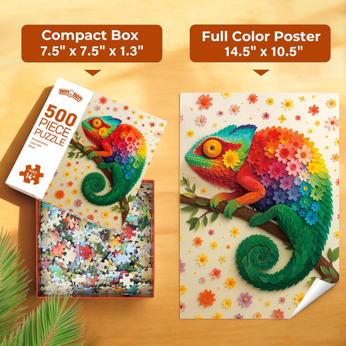 500 BenBen Puzzles for Adults Pieces, Floral Chameleon Jigsaw Puzzles with Patterns on Back, Challenging Animal Puzzle