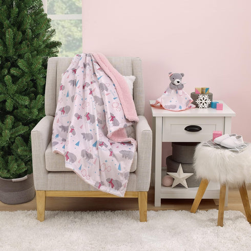 NoJo Girl Bear and Penguins White, Gray, Pink Super Soft Christmas Sherpa Baby Blanket and Security Blanket Set
