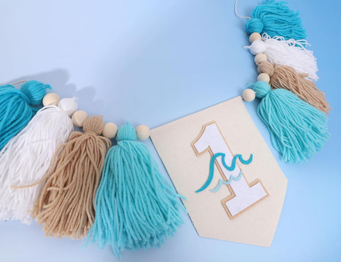 BASCT 1st Big One Surf High Chair Banner - Wave Birthday Decoration for Boys, Tassel Garland