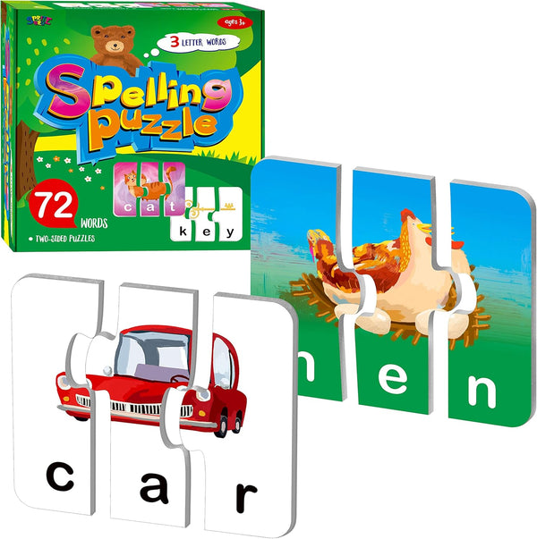72 Word Spelling Puzzles - 3 Pieces with Error-Correction Mechanism, Perfect for Preschool Learning (36 Block Double