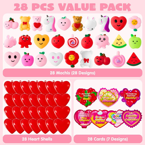 28 Packs JOYIN Valentine's Day Heart Gift Cards with Mochi Squishy Toys and Heart Shells, Stress Relief Fidget Toys