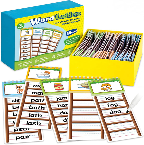 Edulok 30 Word Ladder Flip Books,Phonics Flash Cards,Word Ladders Word Family Build Book,Sight