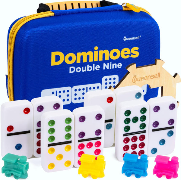 Queensell Double 9 Dominos Set for Adults and Kids with Colored Dots