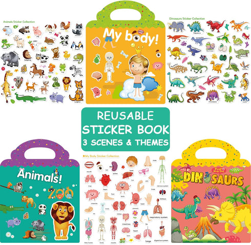 ZAKVOOR 3 Sets Reusable Sticker Books for Kids Toddlers, Educational Stickers Toy (Animals + Dinosaurs + My Body)