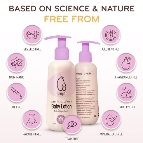 Oeight Baby Lotion is a natural body lotion for newborns and infants, ideal for sensitive skin. This gentle moisturizer