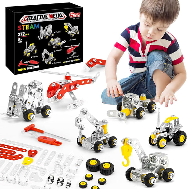 272 PCS Stem Building Toys, Metal Construction Vehicles & Helicopter Model Kit, 6 Models Erector Sets for Boys Age 8-12