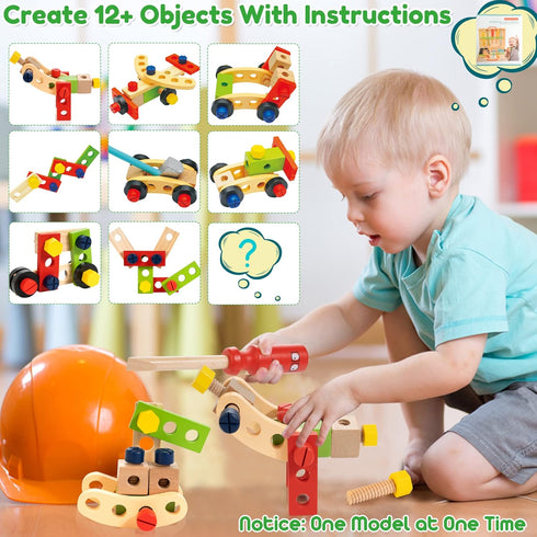 Bravmate Toddler Tool Set with Portable Tool Box & DIY Stickers, Wooden Kids Tool Sets for Boys Girls Age 2-4