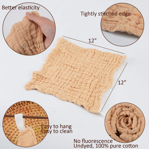 Daxue 100% Set 12x12 inches 5 Baby Muslin Washcloths Natural Unbleached Cotton, Extra Soft Baby Wipes Burp Cloths Small