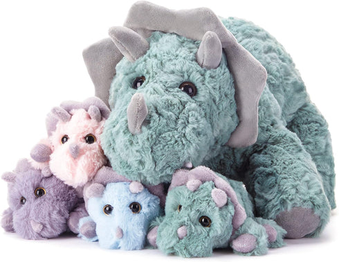 EARTHSOUND Triceratops Dinosaur Stuffed Animal - 18" Cute Small Mommy Plush Toy with Little Babies