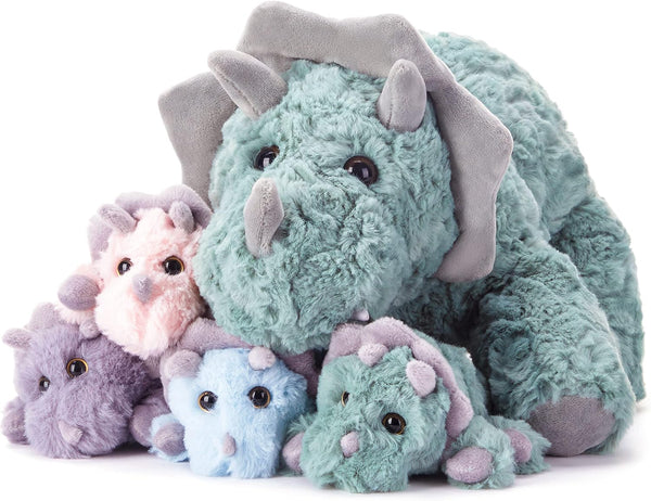 EARTHSOUND Triceratops Dinosaur Stuffed Animal - 18" Cute Small Mommy Plush Toy with Little Babies