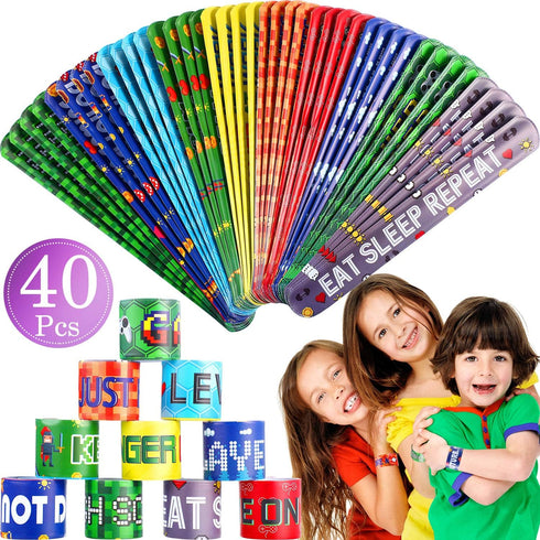 Blulu 40 Pcs Video Game Slap Bracelets, Pixelated Party Wristbands, Snap Bracelets for Kids, Gamer Birthday Party