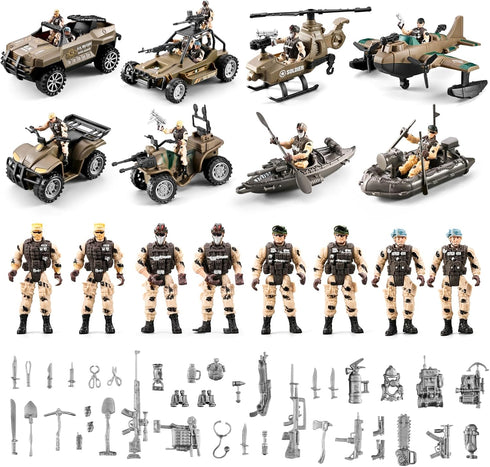 HOSPONY 56-in-1 4-7 6-8 8-12, Army Men Toys for Boys Military Truck/Helicopter/Kayak Boat/Motorcycle/Army Men Action