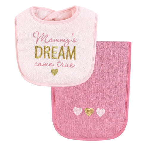 Set, Hudson Baby Unisex Baby Cotton Terry Bib and Burp Cloth Mom Dad Dream, One Size