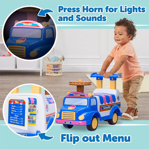 WADDLE Ice Cream Toy Truck for Kids - Ride On Playset with Scoops, Toppings, and Popsicles for Toddlers 1-3