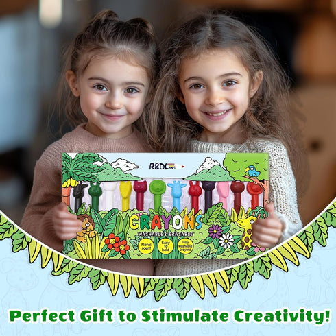 R&DLanci 11-colors Set 3+ Animal Crayons for Toddlers, Washable Crayon with Eraser & Drawing Paper, Non-Toxic Crayon