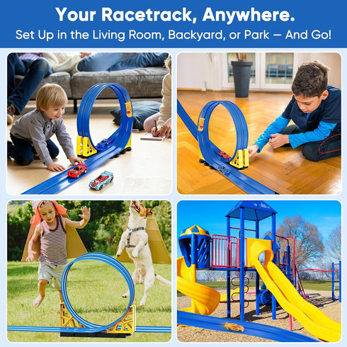 Cieex 16.5 Set 4 4 Flexible Race Track for Kids, Ft Flex Track with Cars & Suction Cups | Roll Up Race Car Track