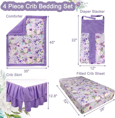 Set Set 4 Set Crib Bedding for Girls, Purple Baby Crib Bedding Piece, Baby Girl Nursery Bedding Including Comforter