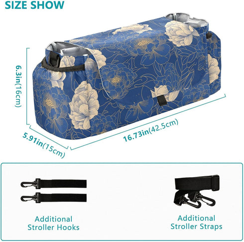 miaozhen Floral2 Navy Blue Gold Peony stroller accessories organizer baby caddy large zip pocket organizador para