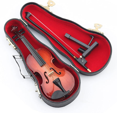 Dselvgvu Wooden Miniature Violin with Stand, Bow & Case - Mini Musical Instrument Dollhouse Model Decoration