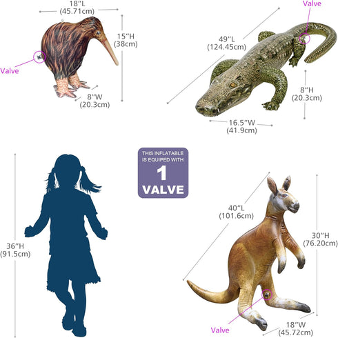 Jet Creations Life 3-PK Inflatable Toy: Kangaroo, Kiwi Bird, Alligator for Kids and Adults