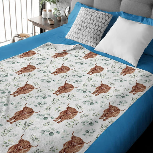 Highland Cow Eucalyptus Leaf Baby Blanket, Western Farm Animal Yak Flannel Fleece Nursery Swaddle Receiving Blankets,