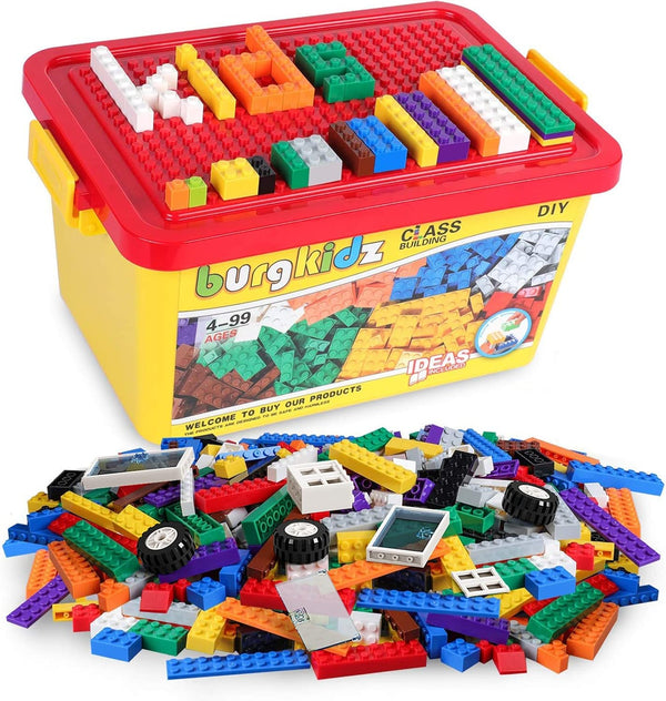 burgkidz Building Bricks, 568 Pieces Classic Building Blocks with Wheels, Door, Window, Storage Box, STEM Educational