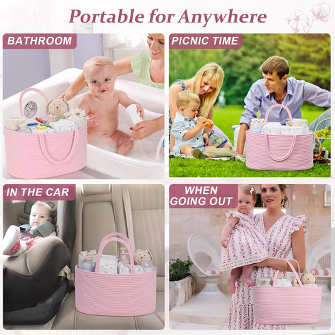 19L 16.8"x9.8"x9" Baby Diaper Caddy Organizer, Cotton Rope Diaper Basket, Changing Table Storage Caddy With Removable