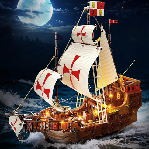 Set 2 1 1253 12+ HiWEEGO Santa Maria Ship Building with LED Lights, in Pirate Ship House Wharf Building Block Kit, PCS