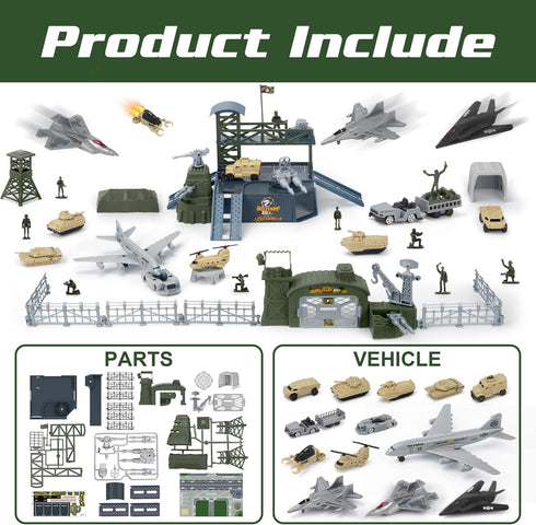 Set 13 XDUOYJOY Military Base Toy, Army Toys with Vehicles Airplane Tank Trucks Helicopter Fighter Jet, Play Mat
