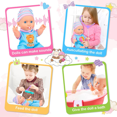 30PCS Set Set, 3 4 5 6 PROOU Baby Doll Care Toys, Baby Dolls Bath & Doctor Kit, Pretend Play Baby Doll Incl Bathtub