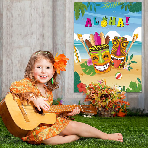 WERNNSAI Pin The Feather on The Tiki Party Game, Hawaiian Luau Supplies for Kids with Aloha Poster